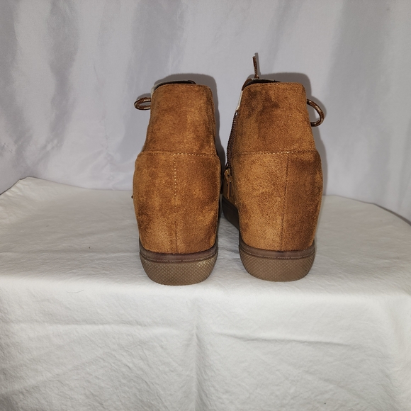 Western Faux Suede Brown and Cream Ankle Boots with Cow Print - Picture 4 of 11